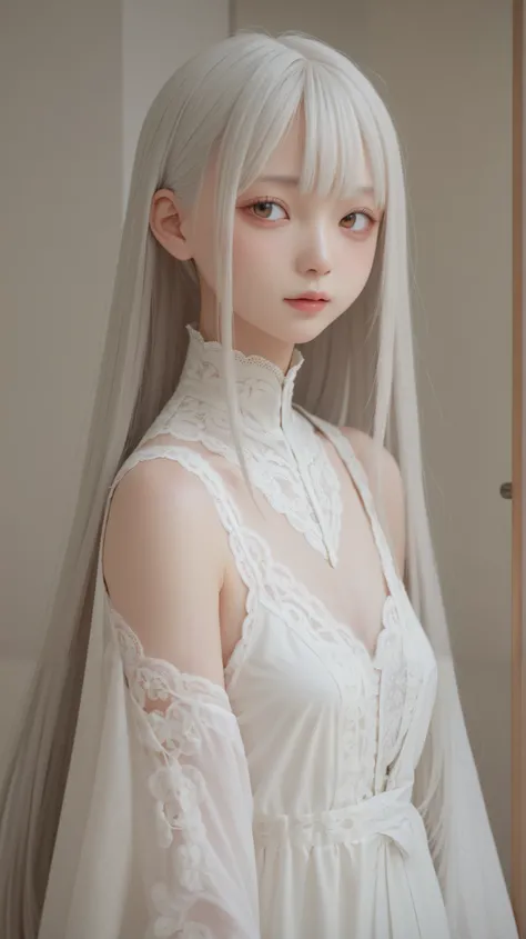 perfect anatomy, Japanese Girls, 少し短い首:1.7, Albino Skin, Gray Hair, straight long hair , light brown eyes , high neck lace fabric, white clothes, artistic.
