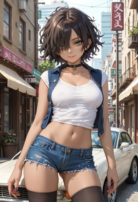 1 girl, 12years old, black hair, black hair,short hair, short hair, floating hair, messy hair, hair over one eye, hair covers one eye, hair cover one eye, big green eyes, purple makeup around the eyes, choker, medium breast, medium breast, brown skin, brow...