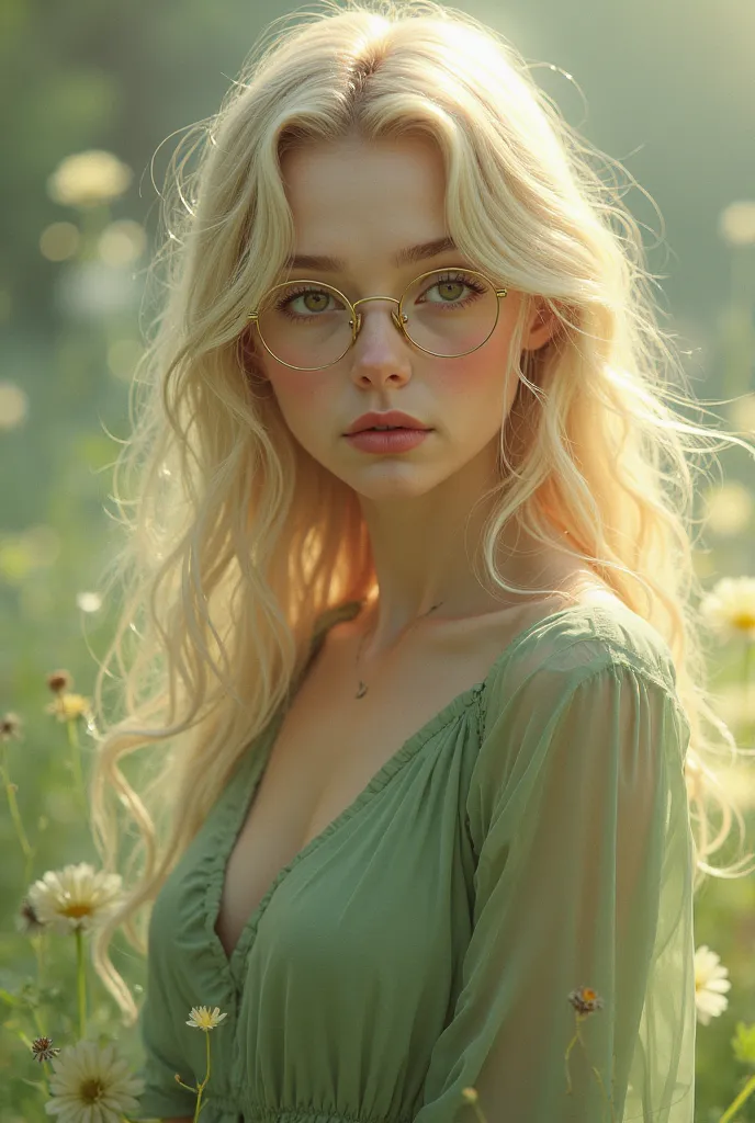 Soft thin  girl with blond long buatiful hair, wear roun glasses, have brown eyes. Love wear soft greeb clothes