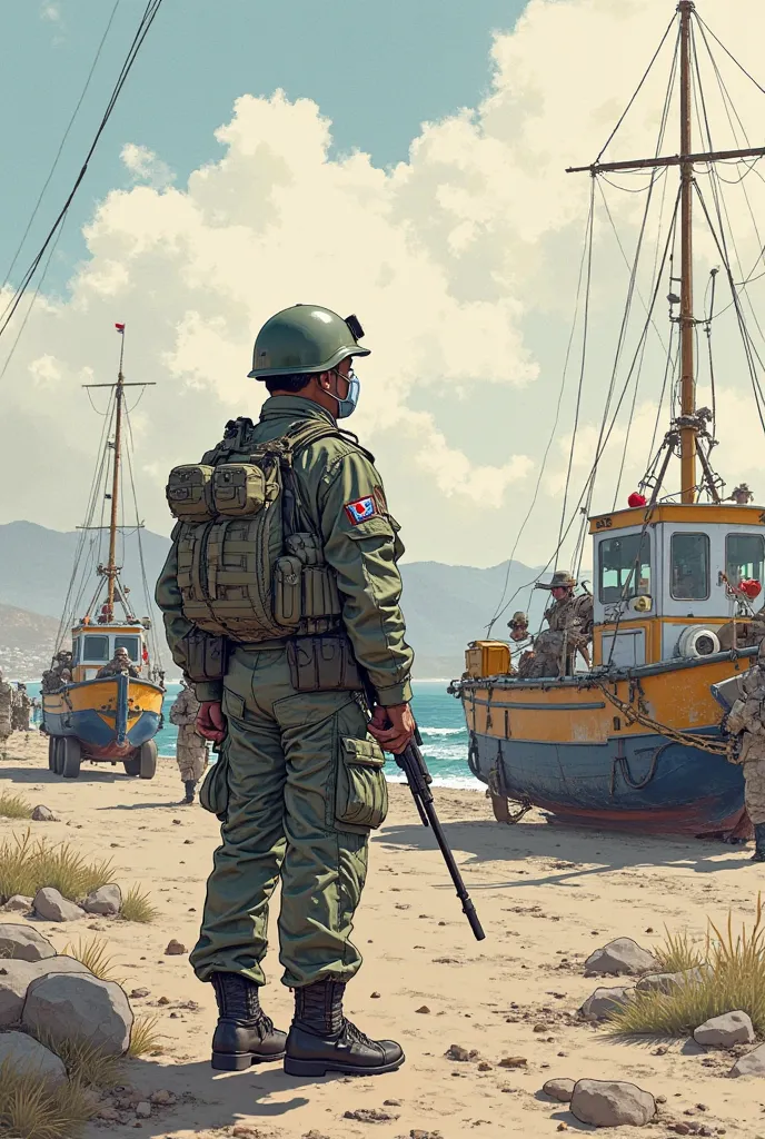 A Bolivian figure observes how Chilean troops land violently in a Chilean port as the first news approaches that the environment in Iquique is becoming increasingly tense and violent.. (Drawing illustration)