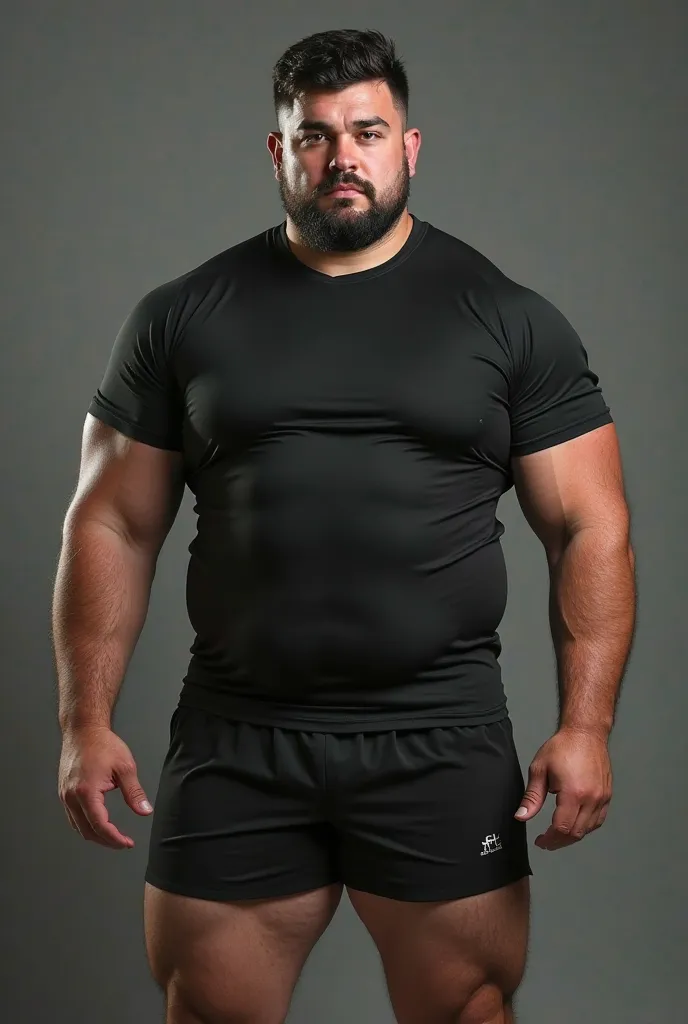 realistic, 20yo white very pale man large beefy rugby player, whole body, early morning, handsome, serious, sharp focus, tight black shirt, black very short rugby shorts, tiny shorts, big bulge, very thick thigh, long fat thick legs, dark black wavy hair f...