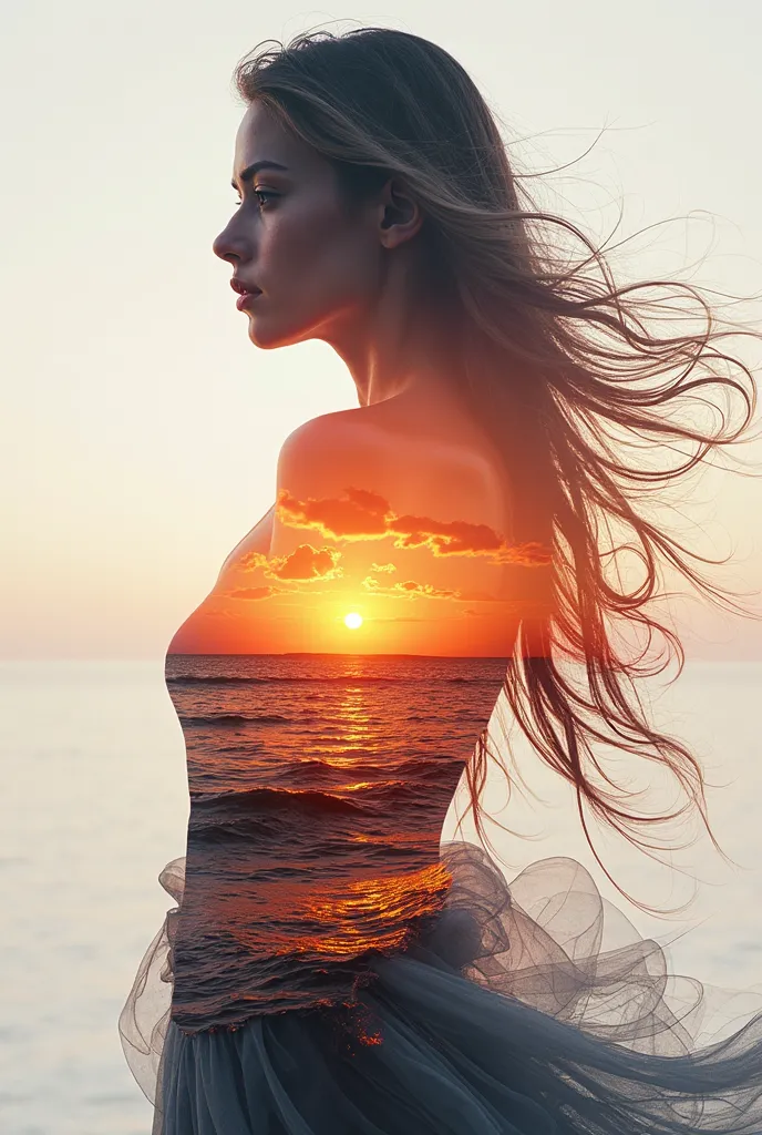 high quality,  8K Ultra HD, eine wunderschöne  double exposure, who combines a goddess silhouette with a sunset coast. The sunset coast should serve as the underlying backdrop,  where her details flow into the goddess . sharp lines,  the background is mono...