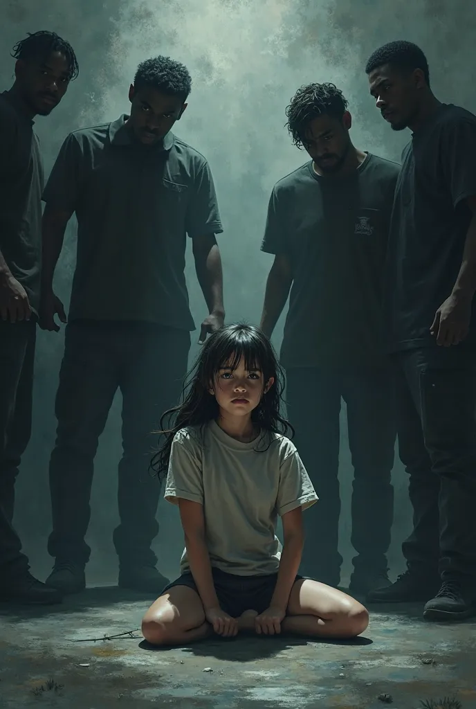  A girl getting bullied by three other people who js surrouned her and she is sitting on the ground three dark where shadows of the person who is bullying are seen