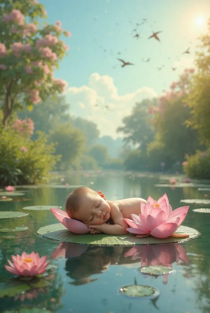 
"A cinematic and picturesque scene of a baby resting peacefully on a lotus flower floating in a clear pond. The baby has a serene expression, blending harmoniously into the tranquil setting. The surroundings are lush and vibrant, filled with blooming flow...