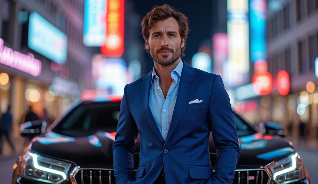 a confident and successful millionaire businessman with short, wavy brown hair and a clean-shaven face. He wears a tailored royal blue suit, a light blue dress shirt unbuttoned at the top, and polished leather shoes. He stands with a confident posture, han...