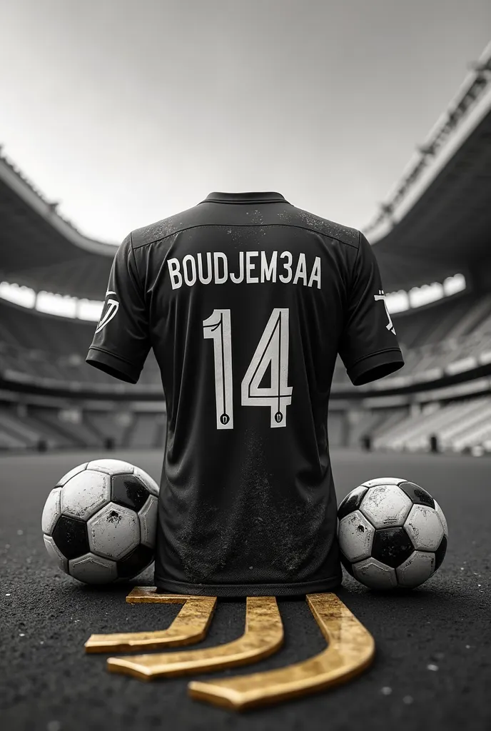 A black and white Juve jersey at the Allianz Stadium with the number 14 written is BOUDJEM3AA on it, next to a soccer ball and a metallic gold Juve logo