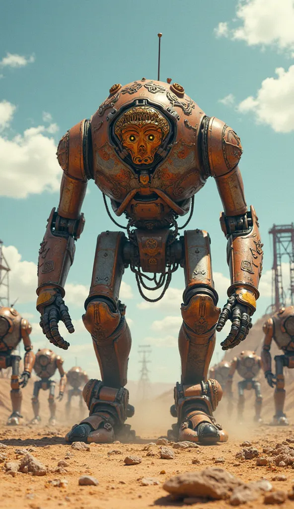 A group of invading robots on Earth, set in a post-apocalyptic desert landscape. The central robot is a massive, rusted mechanical walker with a head inspired by the Ainu culture, featuring an intricate wooden mask carved with traditional Ainu patterns, de...