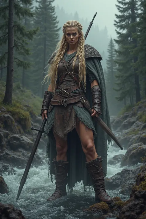 Viking woman warrior, long blond braided hair, tall and muscular, with a spear and long knife, northern woodland, churning river, Fantacy movie still, realistic, gloomy 