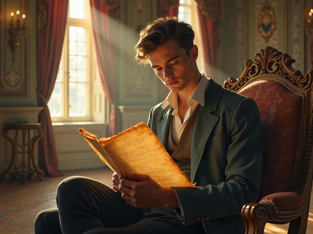 real image of a 24-year-old man in a majestic room with sunbeams streaming through the windows reading a yellowed letter with old letters.
