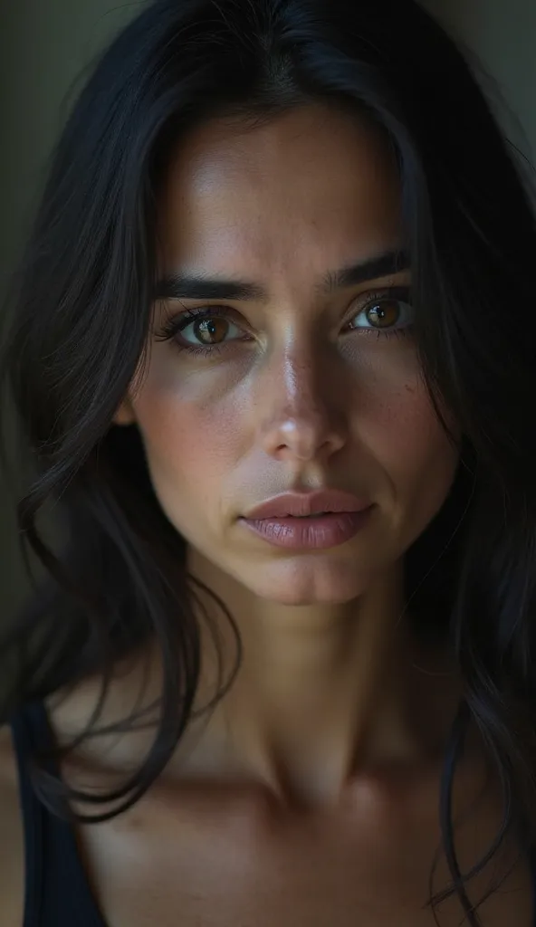  photo of a woman,  sympathetic facial expression , ultratextured skin were shown, goosebumps, black hair, face looking right at camera, full face, half up, half down ,  group profile ,  shot by Manuela Marquez 