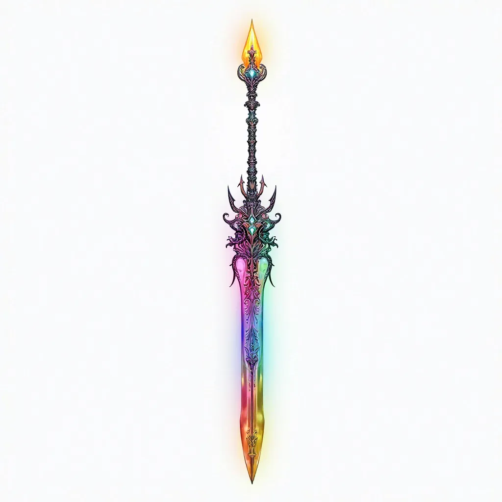 A single Great mystical long celestial rainbow prismatic metal weapon for a rainbow light celestial god, made from rainbow colored prismatic iridescent metal with ornate wild carvings and etchings with diamonds. Fantasy elven and fae mythology inspired orn...