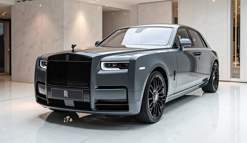 Left side view of painted with fully shiny exterior dark gray 2025 Rolls-Royce phantom  sleek in large shape  in large size  with  on its large detailed grille in shiny fully shiny dark gray exterior clour with angular spor ty design captured from front bl...