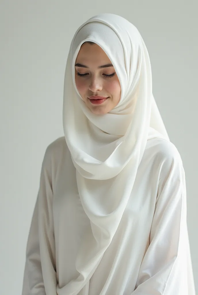 Beautiful woman in white hijab standing without underwear
