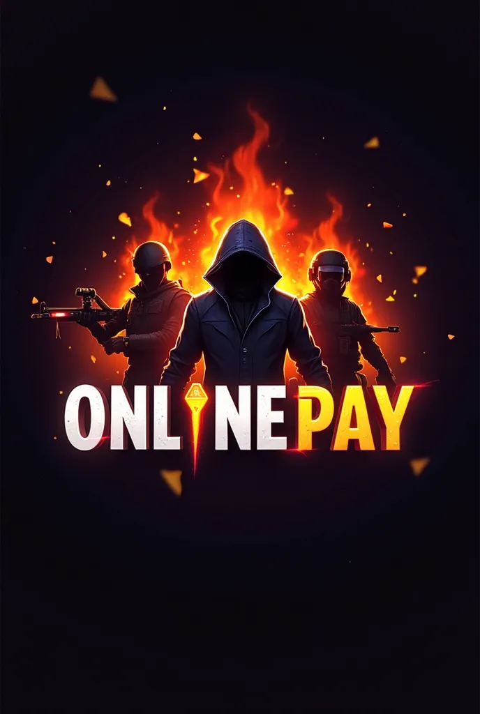 Logo design for a WhatsApp group of Free Fire refills called 'Onlinepay'. The design must include a Free Fire themed background, like characters or fire,  in dark tones  (negro, red and orange) to give a sense of action and energy. The name 'Onlinepay' mus...