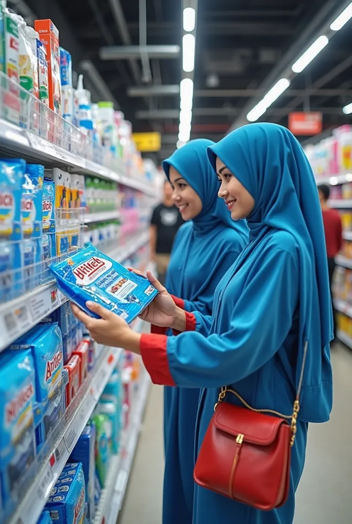 Highest quality, RAW photo, Ultra HD, 18-year-old Indonesia, wearing blue full hijab, smile, wearing blue red sales promotion girl uniform, beauty, healthy skin tone, fair and smooth skin, beautiful eyes in various colors, thin lips, beautiful eyes with fi...