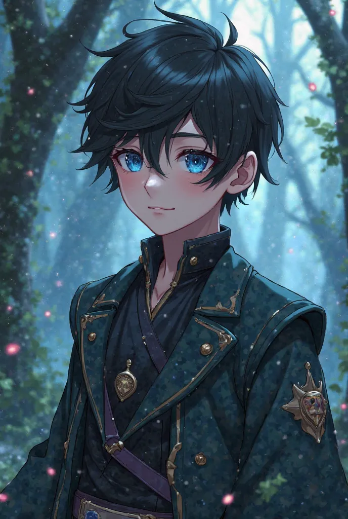 hello, Hello good. Can I ask you for a photo of a 20-year-old boy,  ager, The black hair and the blue eyes dressed in the clothes of an enchanted forest creature.  anime-style image. Let the full clothes be seen. 