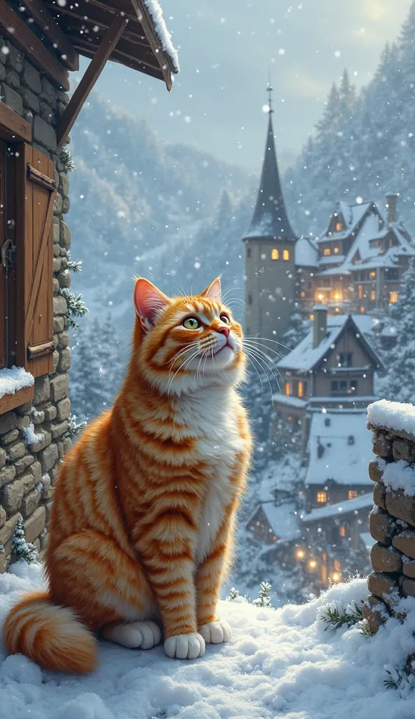 An orange chonker ginger cat with white paws, fat and adorable like Garfield, stands outside a small house on top of a snowy hill, overlooking a medieval village below. Heavy snowfall blankets the landscape, with soft light glowing from windows. The scene ...