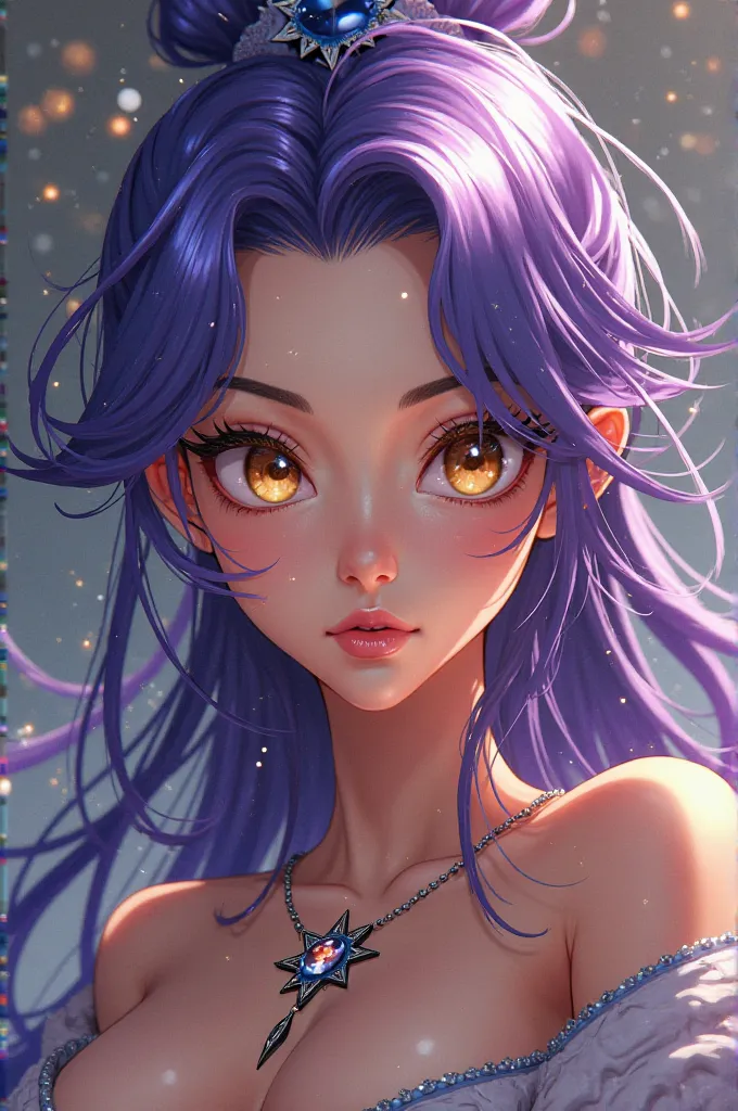 Make a female character with brown skin, honey-colored eyes and purple hair with shades of blue with the Stone anime design.