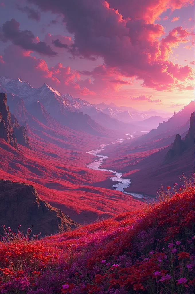 Make a landscape with the colors red and violet 