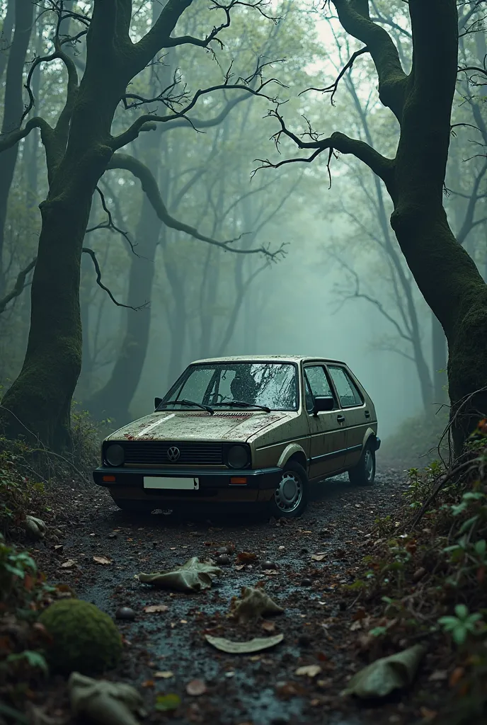 It generates the image of a VW Golf I mobile car abandoned in a sinister forest with the owner seriously injured on the verge of death 