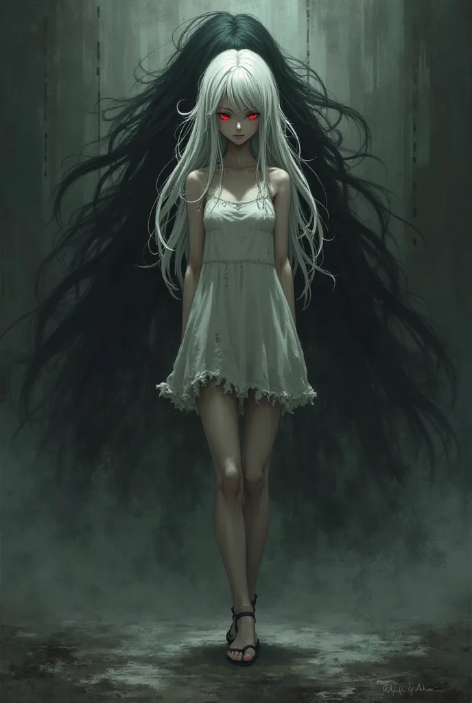 A gloomy girl with white long hair to the floor, that thickens darkness and her eyes look gloomily at everything around her, she doesn't smile but looks at everything with indifference, as if she can't see life. she has red eyes , what are they looking str...