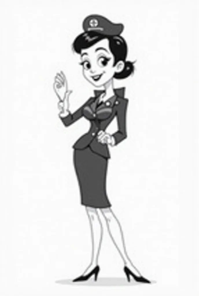 cartoon of female flight attendant in black and white without background