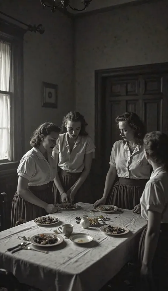 1940s , gloomy dining room in an old building. Two young girls in, their faces are pale, they are holding on to her bellies, , clearly in severe pain. One of them lowers her head to the table, the other one is trying to stand up, but her movements are weak...