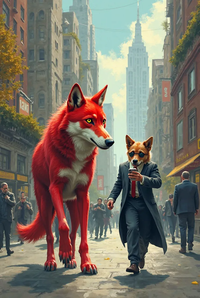 While a wolf in a red coat walked through the city, A dog in a suit steals your cell phone