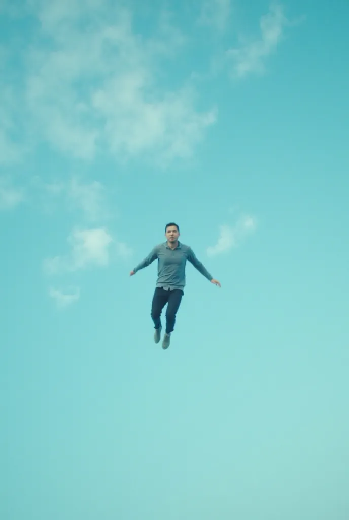 A video in which a man flying in the sky 