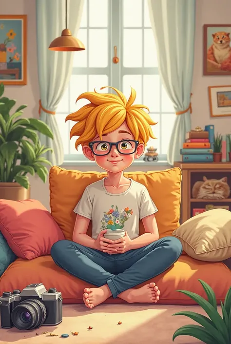 I want to create a , as if it were a cartoon, blonde, From glasses sitting amidst cushions, A camera, and books  