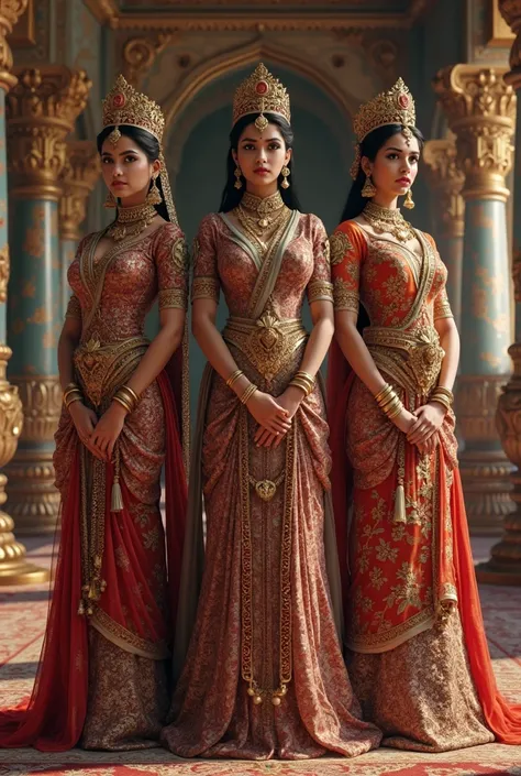 Three indians queens stand side by side in the royal court, each representing their belief.