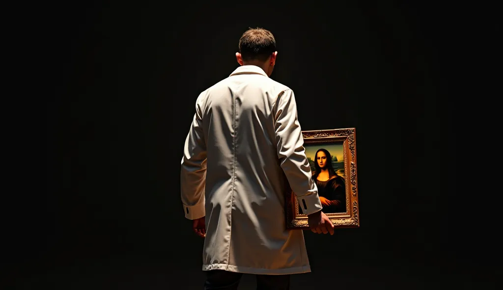 Hyper-realistic portrait, evocative retro comic book style portrait from the 80s and 90s. A thief in a white lab coat, standing with his back to the viewer, carries the world-famous Mona Lisa painting under his arm. The lab coat is pristine, and his postur...