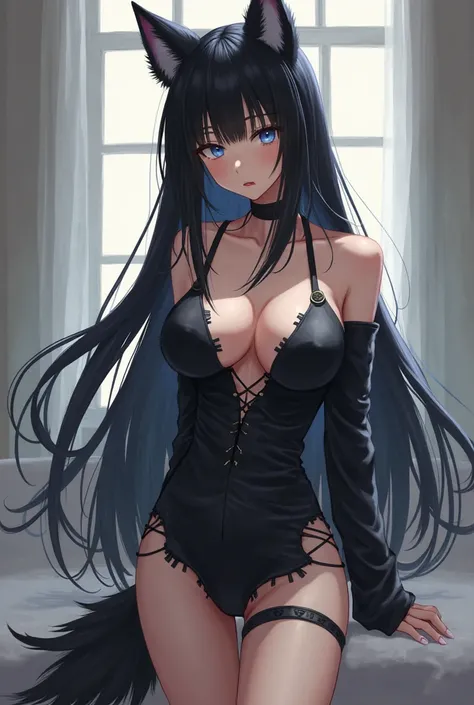 masterpiece, best quality, amazing quality, very aesthetic, absurdres, solo, solo female,girl, big breasts, tall, very tall, slim, skinny, black hair, very long hair, straight hair, diagonal bangs, dog girl, (dog ears:1.4), black ears, fluffy ears, ears do...