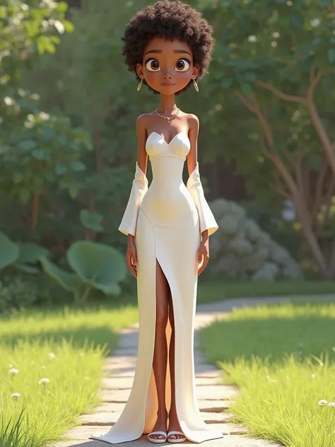 Create Pixar 3D style. funko pop. female, Very short afro-short hair, Fair skin, White dress,  long length with satin fabric with kimono sleeve,.Caimendo slim Wearing white sandal, shigh, high. Grassy garden background with stone sidewalk.