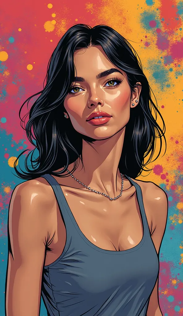 A comic book style illustration of an adult American woman,  expressionless face . Half-body image. very colorful and vibrant background