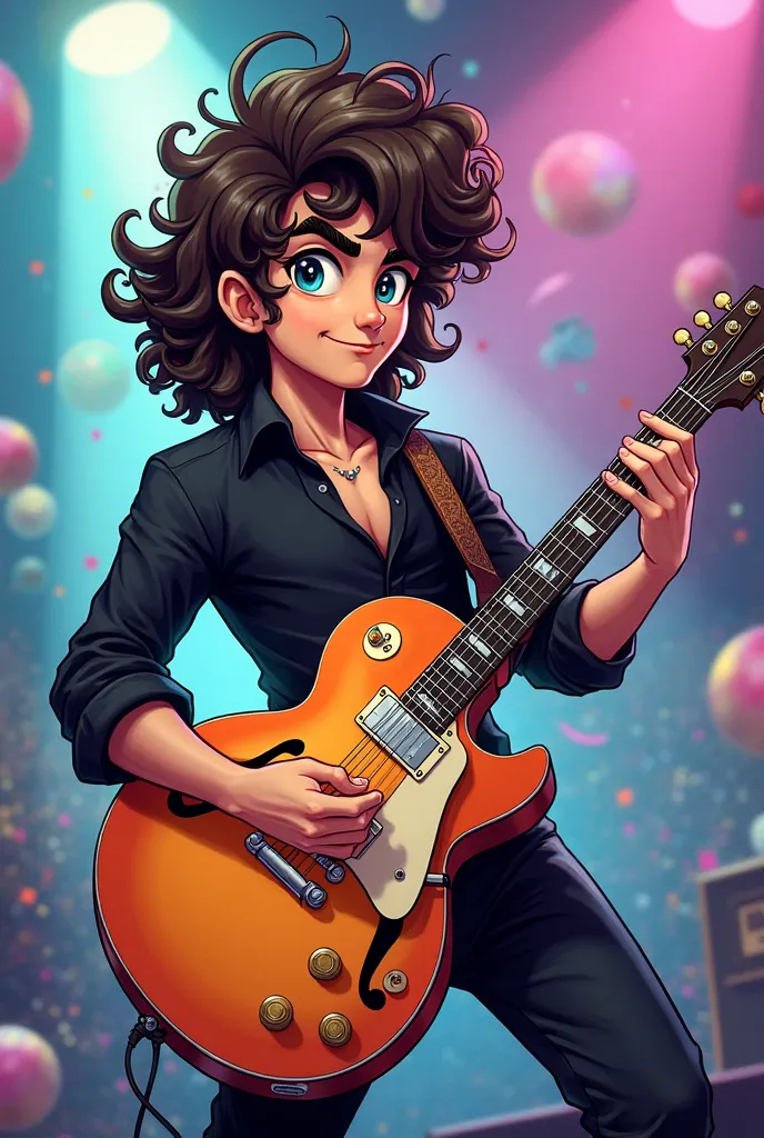 Male character with curly haired Mullet in black clothes with a cartoon style guitar 