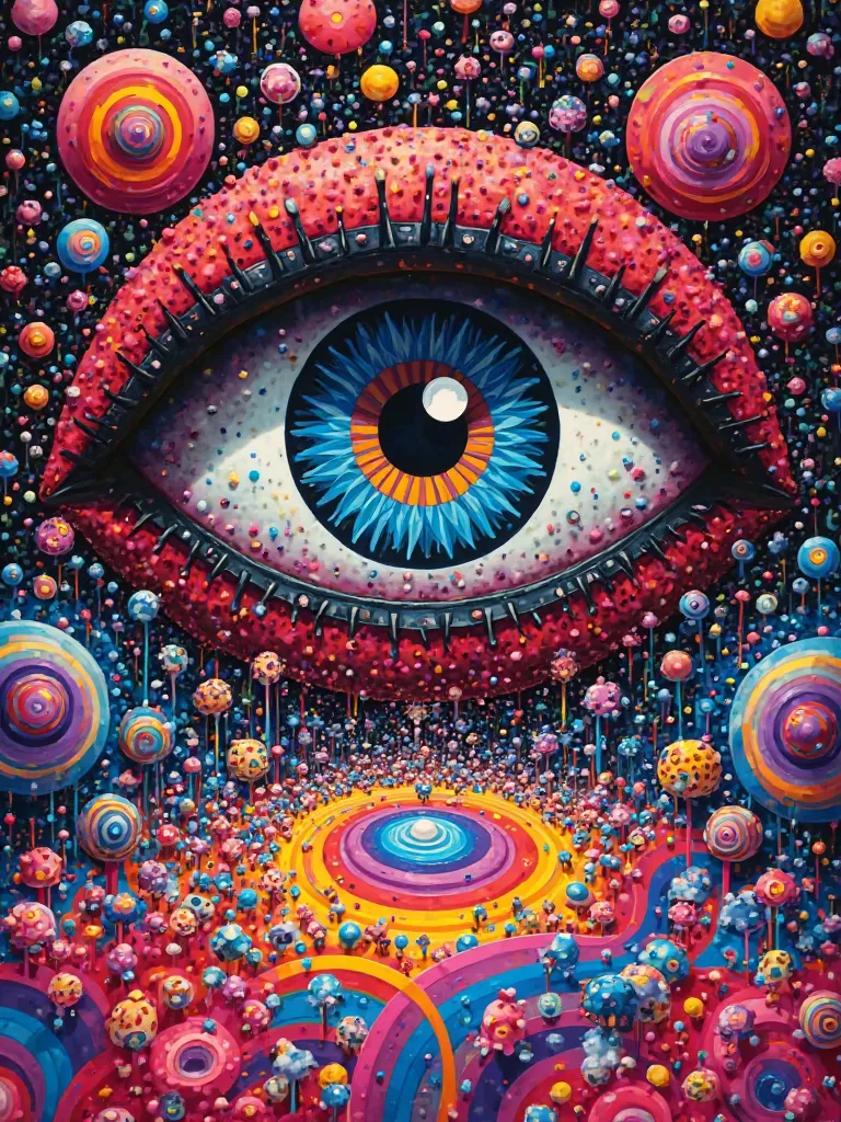 An abstract psychedelic artwork featuring a large stylized eye at the center, surrounded by intricate swirling patterns of various sizes in vibrant reds, blues, pinks, and yellows, creating a trippy and hallucinatory atmosphere. The image is densely packed...