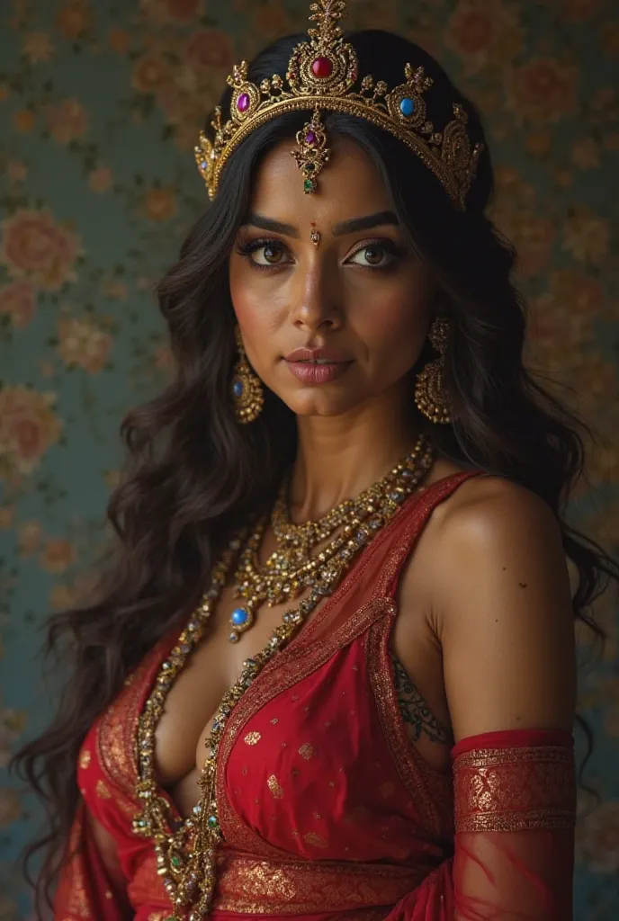 # Sultry Hindu Goddess

A strikingly beautiful face with symmetrical features, flawless tanned skin, and high cheekbones. A delicate nose with a subtle upturn and a sharp yet feminine jawline. A sindoor mark adorns her hair parting, adding a divine touch. ...