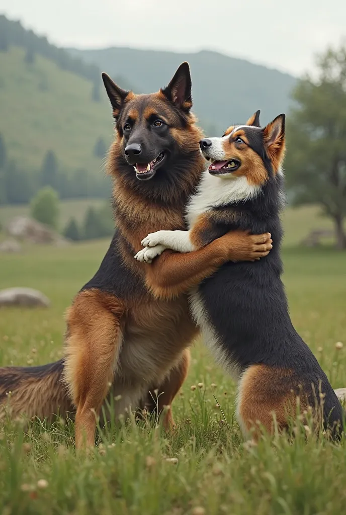 Create a image of a German shepherd mounting a border collie 