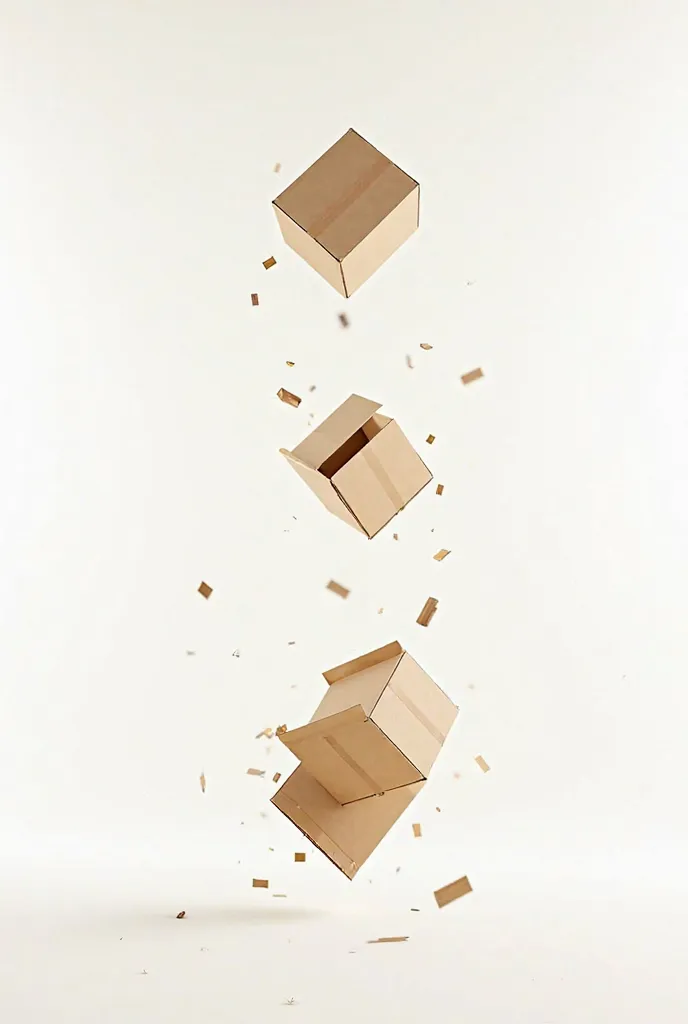 Generate cardboard boxes falling from the sky on a totally white background 