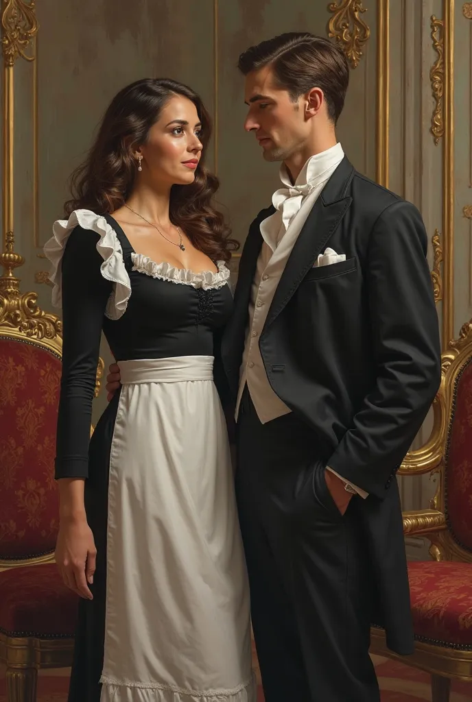 Brown-haired woman, brown eyes, In a black dress and white apron of a maid and an elegant man in dress clothes in a palace