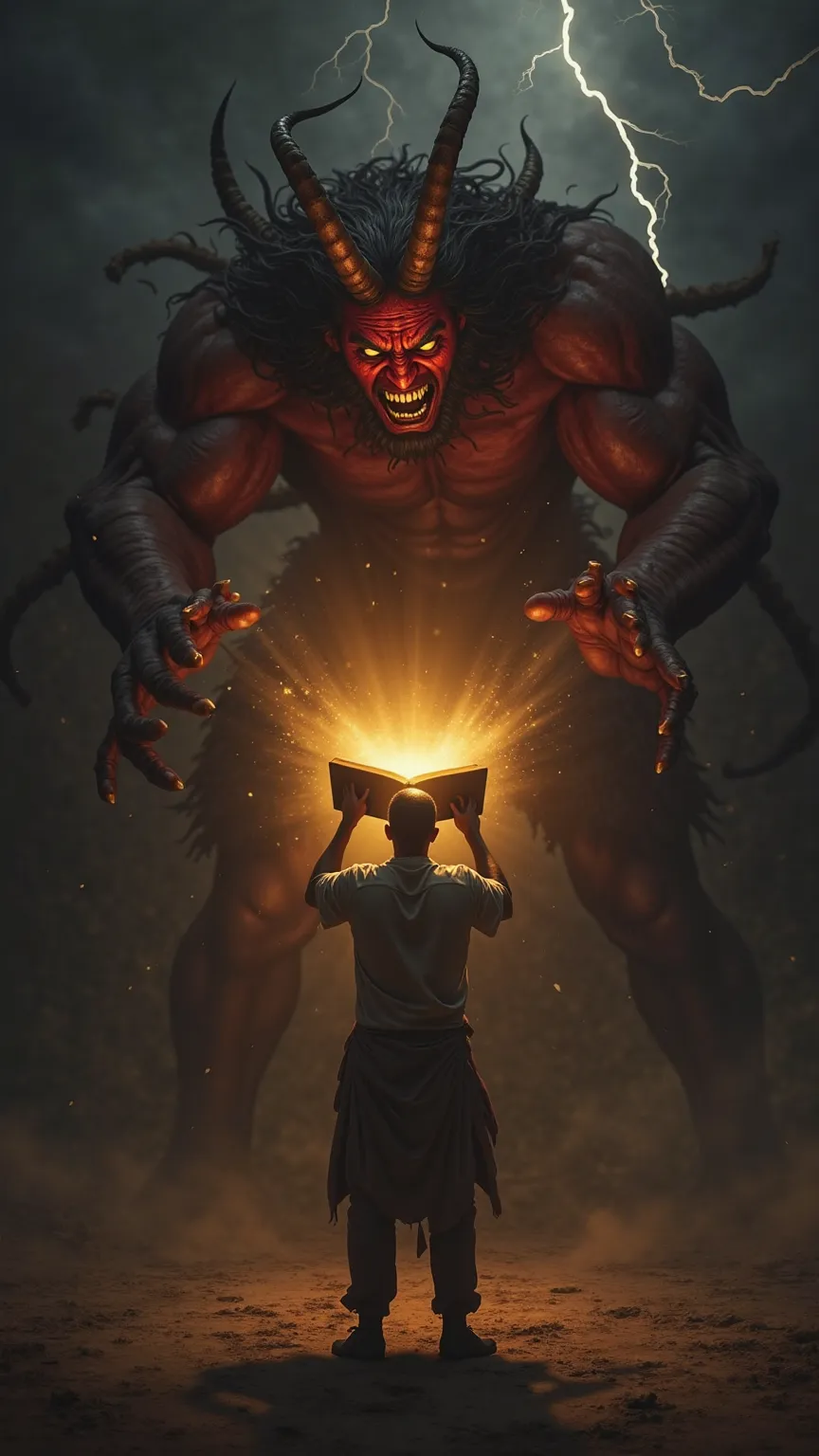 "In a dark and dramatic setting, a Christian man is standing, holding a bible Before him, an imposing demonic figure, with red skin, curved horns, and eyes glowing with fury, rushes forward with an angry expression. The golden light emanating from the Bibl...