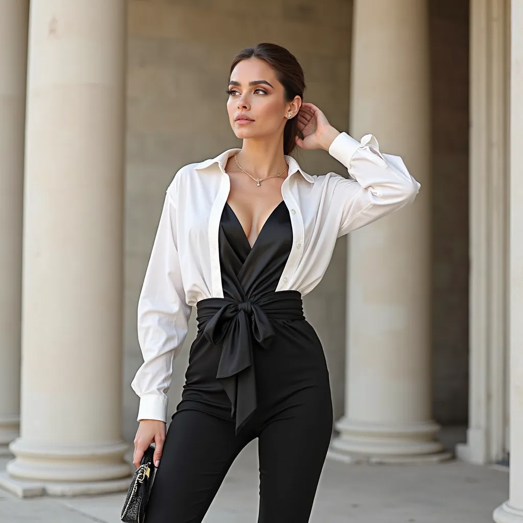 Anna Ailany López Nyström poses with a confident and sophisticated attitude, aesthetic wearing an impactful monochrome outfit. Her look consists of an oversized white shirt, with long sleeves and open buttons on the top, on a black satin in the shape of a ...