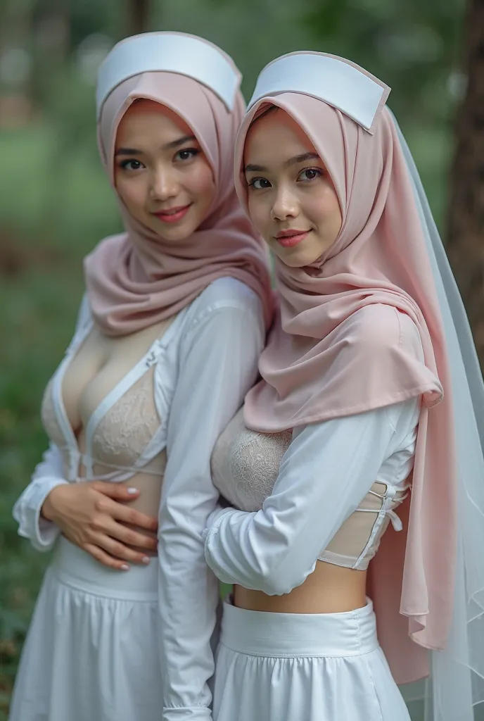 Indonesian , twins , sexy nurse , wear a thin hijab , wear a transparent sexy bra and transparent g string , big size breast , wear a sexy glasses , wear a sexy high heels, full body , full picture, far view, sensual face  , sexy lip , kiss , realistic , h...