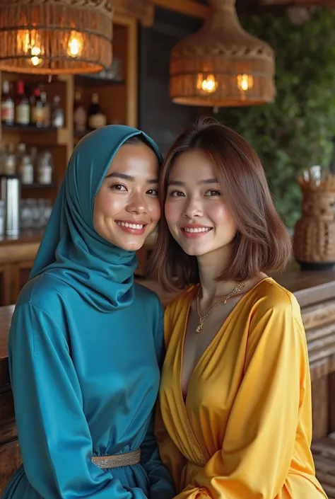 beautiful Indonesian muslim woman with long, wearing a blue silk muslim dress, sitting with beautiful Indonesian woman with brown bob hair shoulder length wearing a yellow silk dress on a bench with a tiki bar table background, drink rack, a glass of drink...