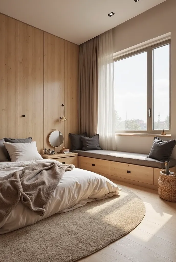 "Design a cozy modern bedroom with a minimalist aesthetic. Include a bed with a light-colored quilt and two pillows, a wooden accent wall behind the bed, and a large window adorned with a warm, inviting curtain. Add a built-in bench under the window, featu...