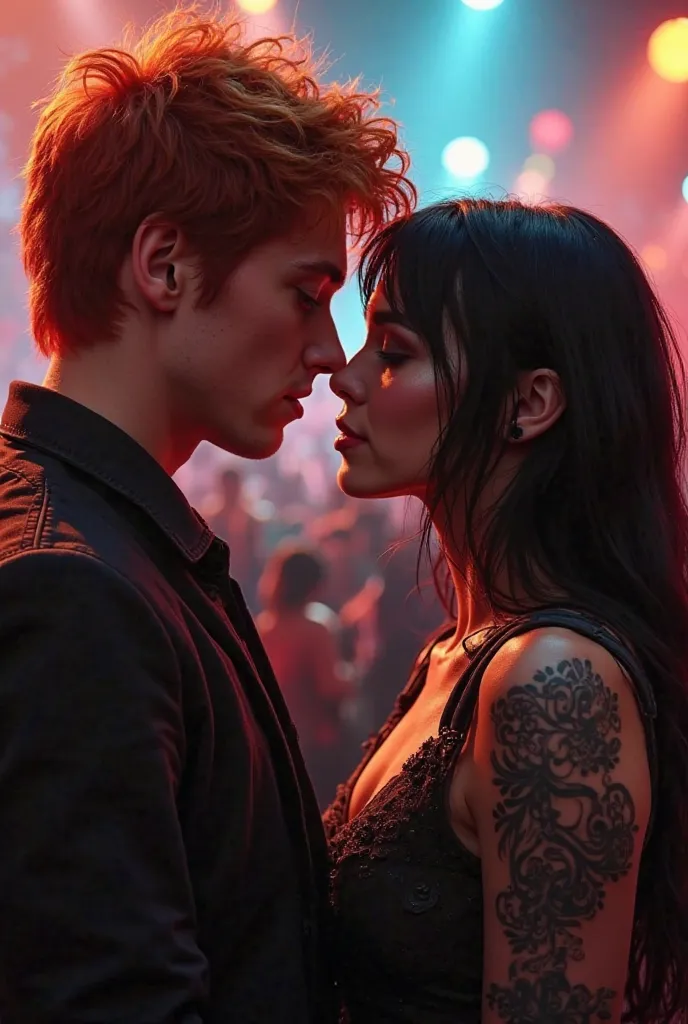 An image of a couple, George Weasley e Selene Osborne ( She has dark punk hair, Fair skin), the two of them next to each other,  with their noses touching each other during a show