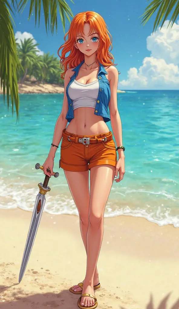 "A hyper-realistic, cinematic full-body portrait of Giorgia Meloni as Nami from *One Piece*. She stands confidently on a sunny, tropical beach, exuding charm, intelligence, and determination. Meloni's recognizable features are paired with Nami's iconic out...