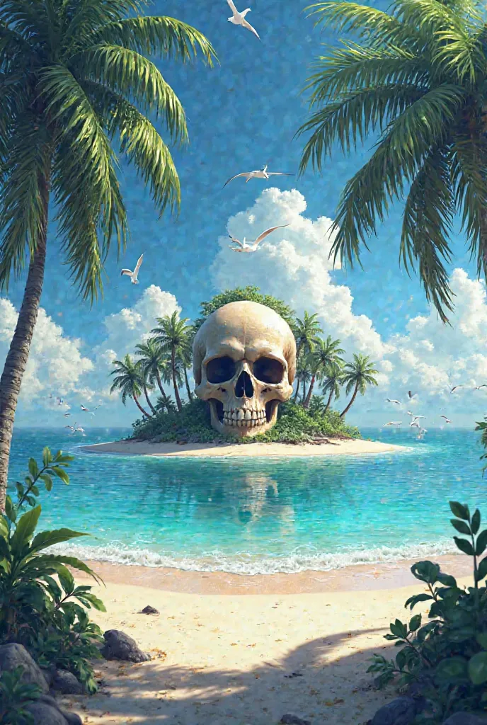 One Piece Skull as a Background Island with Palm Sunshine Seagull