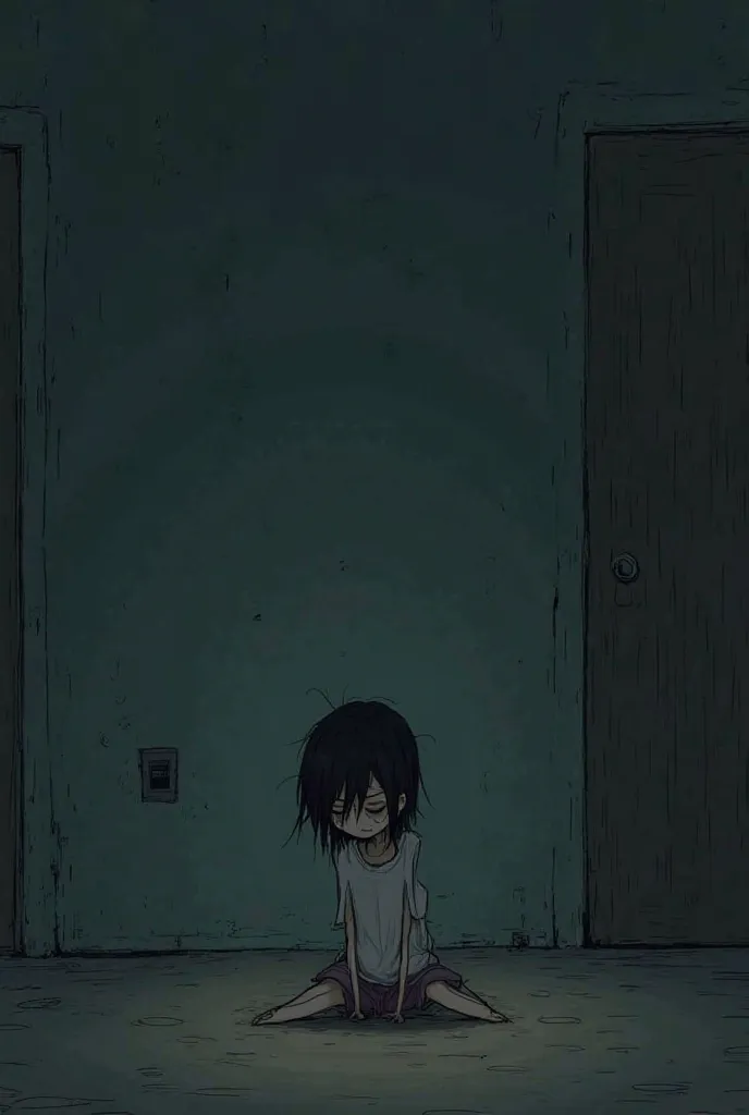 I want a Stickman-like animation that is of a girl sitting crying on the floor of her dark and tormented room 